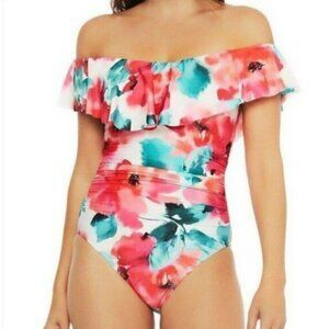 New! La Blanca PlusWild Flounce Floral Print Popover Flounce  One-piece Swimsuit